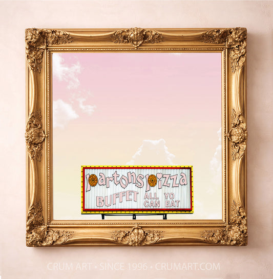 Partons Pizza Print art print in a gold frame by Betsy Crum — square fort worth art from Crum Art, available at crumart.com. This museum quality print is made right here in Texas.