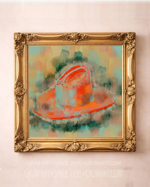 Pastel Cowboy Hat Print art print in a gold frame by Betsy Crum — square western art from Crum Art, available at crumart.com. This museum quality print is made right here in Texas.