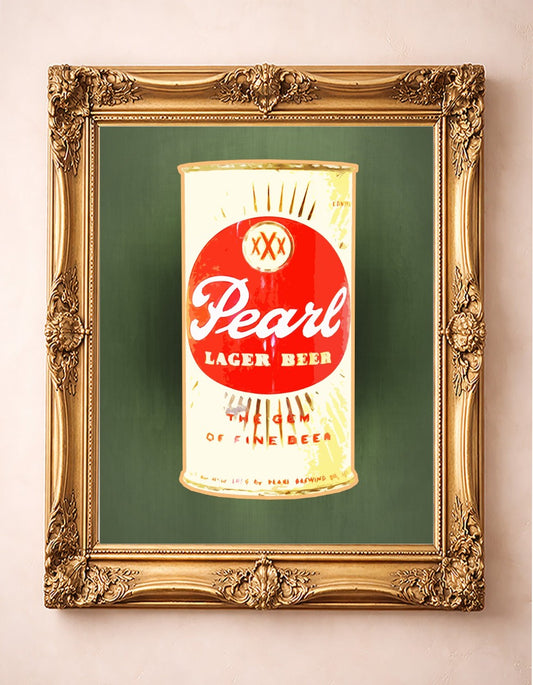 Pearl Beer Can Print — art print by Betsy Crum in a gold frame