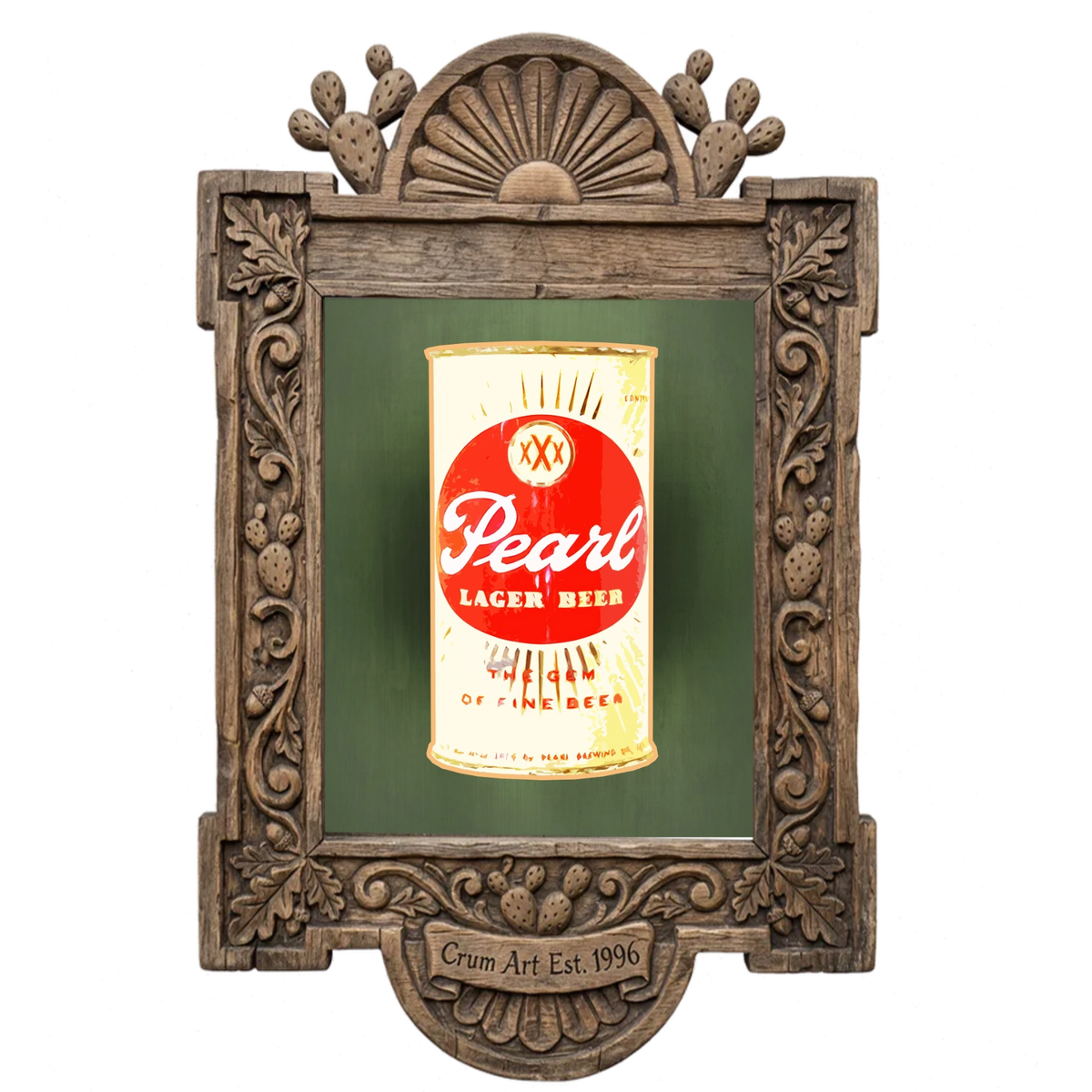 Pearl Beer Can Print — art print by Betsy Crum in a carved wood frame