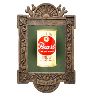 Pearl Beer Can Print — art print by Betsy Crum in a carved wood frame