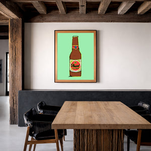 Pearl beer neon line art print by Betsy Crum in a rustic room with wood beams