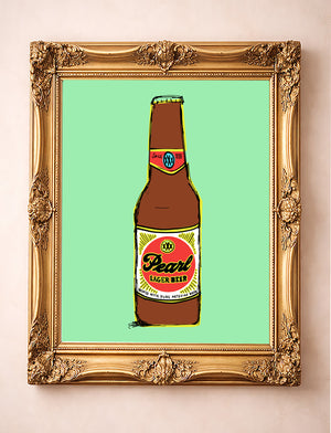 San Antonio Pearl beer neon line art print by Betsy Crum in a gold frame