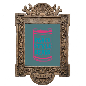 Ranch Style Beans can, pink and grey blue — art print in a carved wood frame, Crum Art