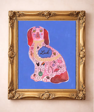 Maximalist Pink Staffordshire Luck Dog — art print by Caya Crum in a gold frame