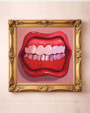 Punk Teeth & Lips Print in a gold frame by Caya Crum — square pink wall art available at crumart.com. This museum quality print is made right here in Texas.
