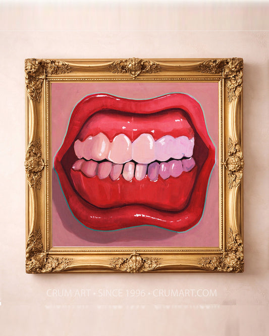 Punk Teeth & Lips Print in a gold frame by Caya Crum — square pink wall art available at crumart.com. This museum quality print is made right here in Texas.