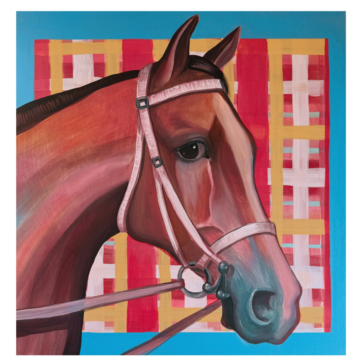 Plaid Pony II, original painting by Caya Crum — a chestnut horse in a pink bridle against red, pink and mustard plaid on turquoise, 20 x 20 inches