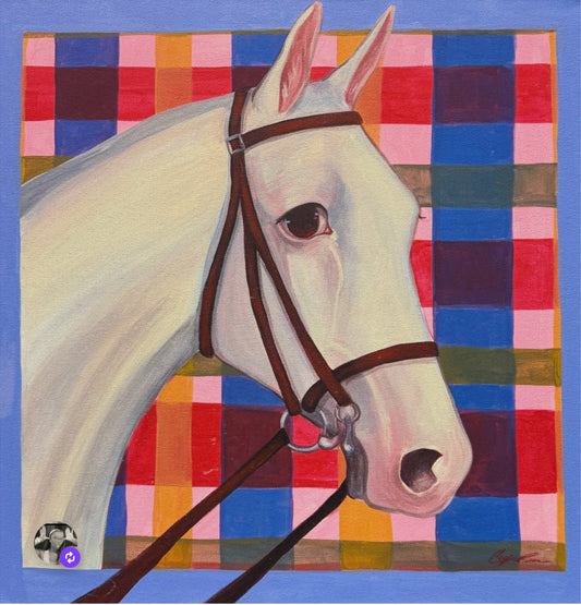 Plaid Pony, original painting by Caya Crum — white horse in an English bridle against red, pink and blue plaid, 20 x 20 inches