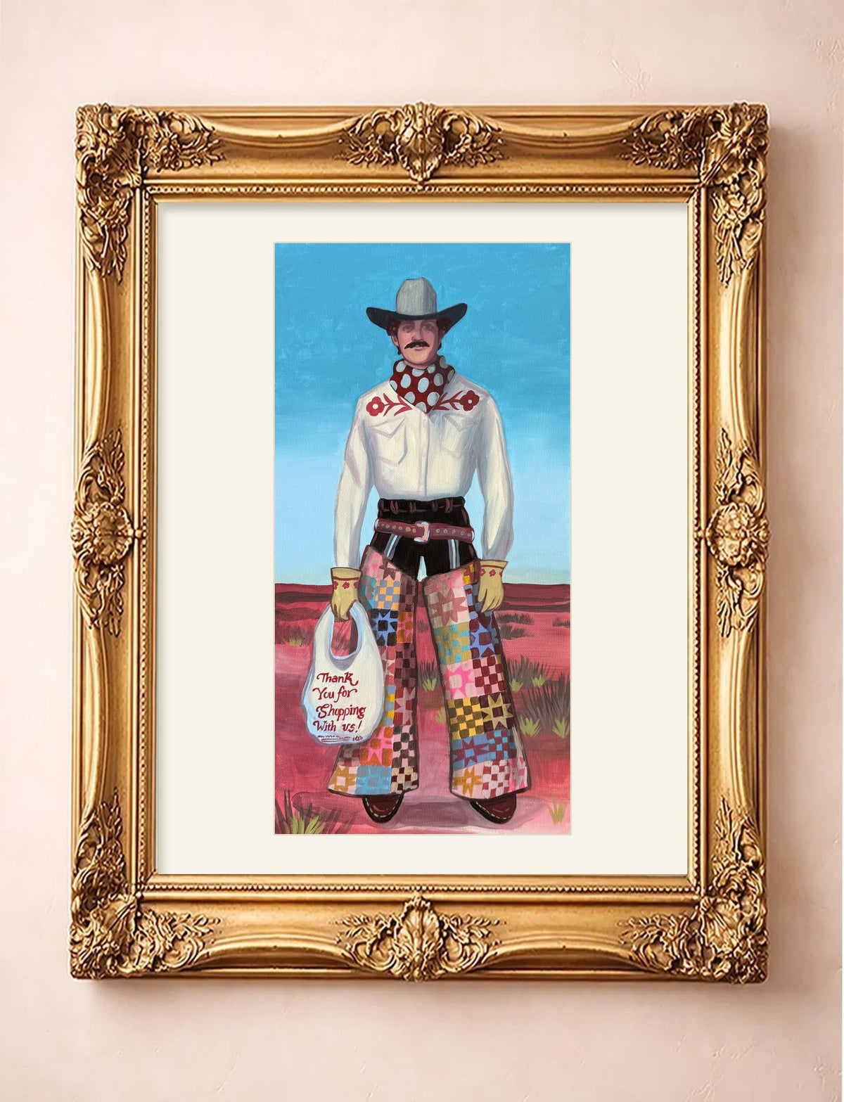 Quilted Cowboy — tall cowboy art print by Caya Crum, matted in a gold frame