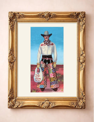 Quilted Cowboy — tall cowboy art print by Caya Crum, matted in a gold frame