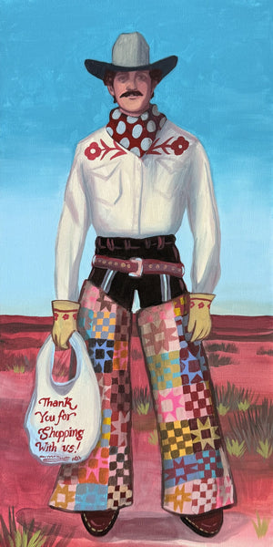 Quilted Cowboy art print by Caya Crum, cowboy in patchwork quilt chaps holding a thank you shopping bag
