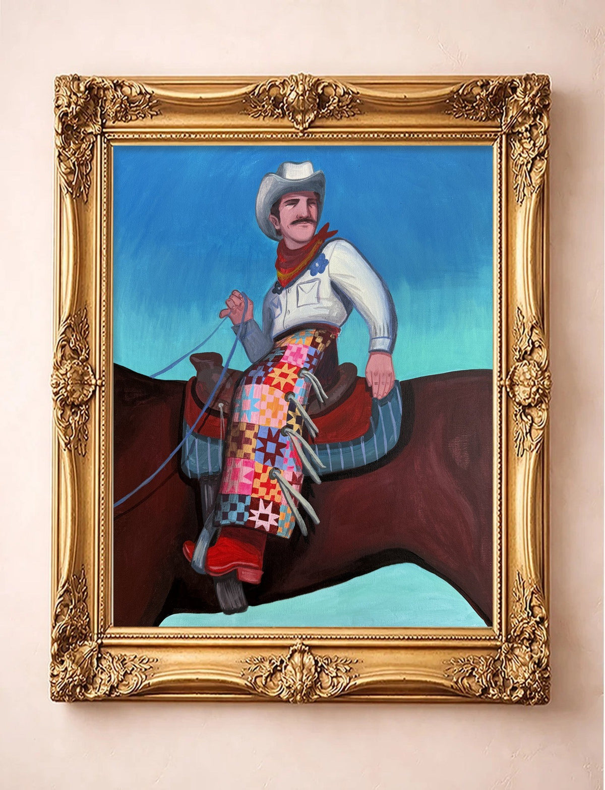 Quilted Cowboy on Horseback — cowboy art print by Caya Crum in a gold frame