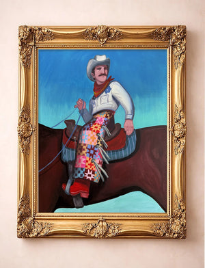 Quilted Cowboy on Horseback — cowboy art print by Caya Crum in a gold frame