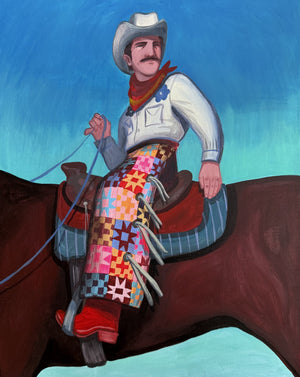Quilted Cowboy on Horseback art print by Caya Crum, cowboy in patchwork chaps in the saddle under a turquoise sky