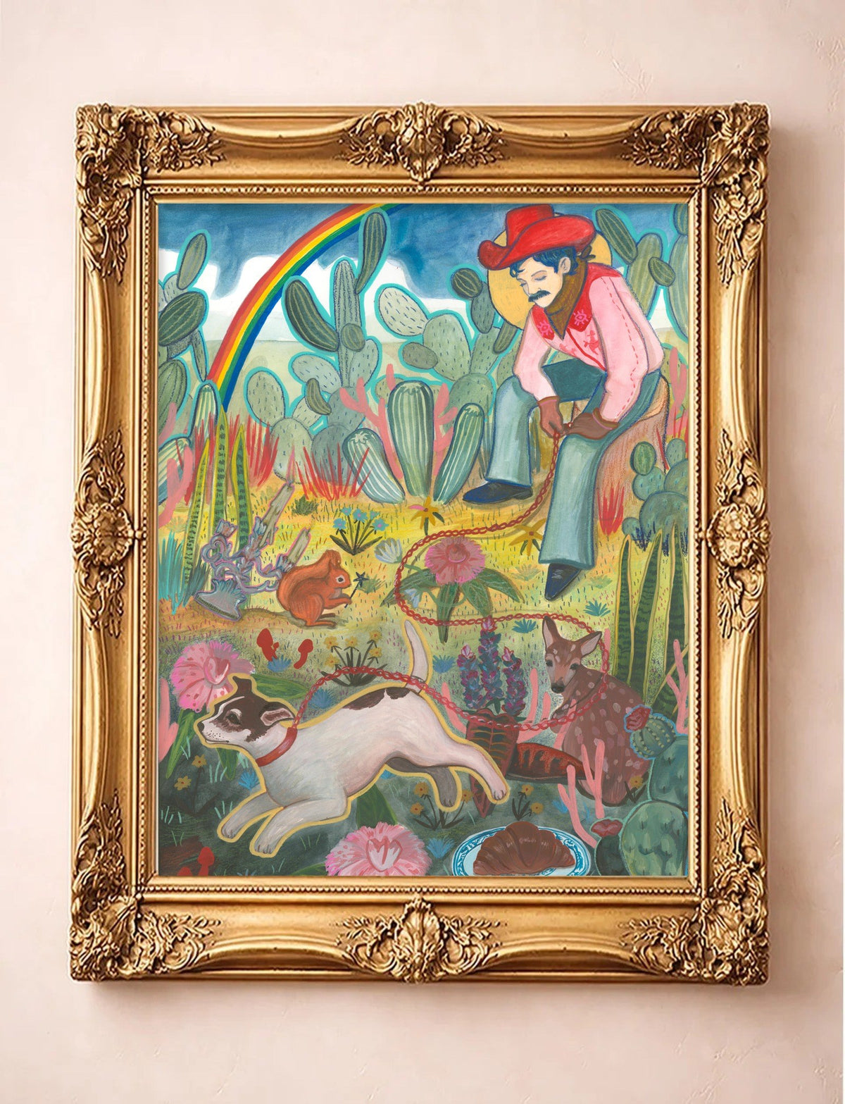 Rainbow Roper — cowboy and cactus art print by Caya Crum in a gold frame