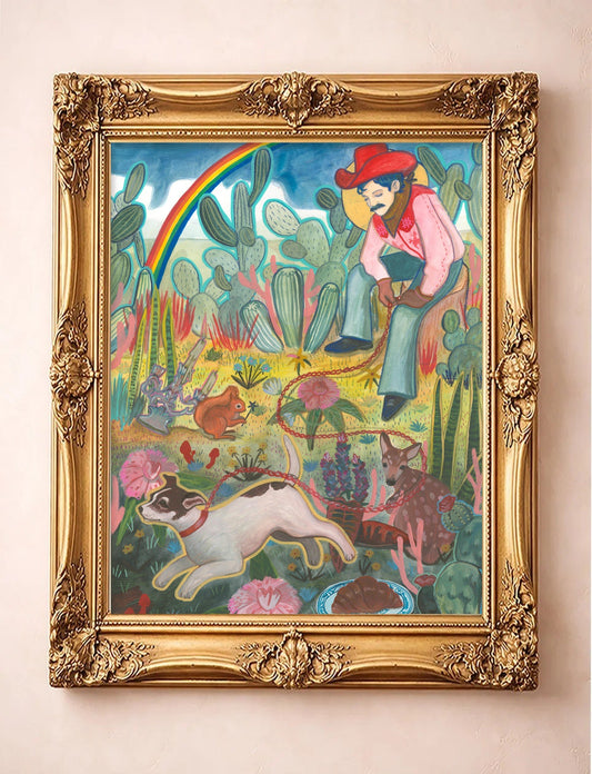 Rainbow Roper — cowboy and cactus art print by Caya Crum in a gold frame