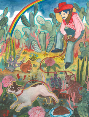 Rainbow Roper art print by Caya Crum, cowboy with a rope in a cactus garden with a rainbow, dogs and a squirrel