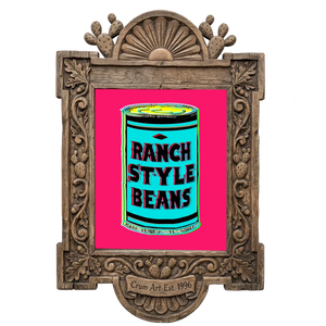 Ranch Style Beans can, hot pink and cyan — art print in a carved wood frame, Crum Art