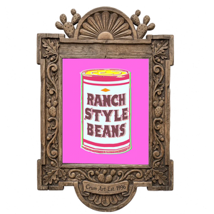 Ranch Style Beans can, pink and yellow — art print in a carved wood frame, Crum Art