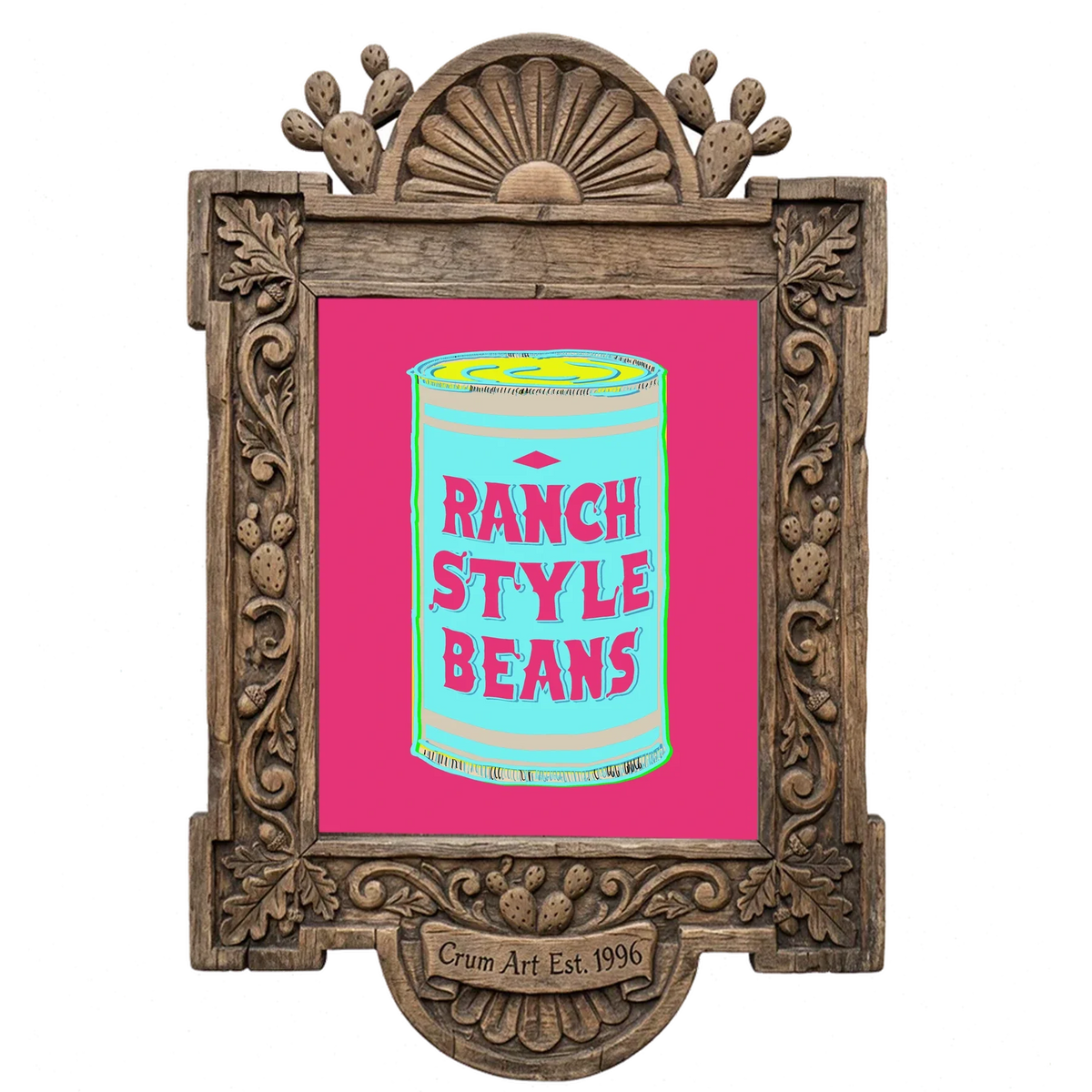 Ranch Style Beans can, pink and turquoise — kitchen art print by Betsy Crum in a carved wood frame
