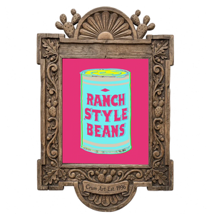 Ranch Style Beans can, pink and turquoise — art print in a carved wood frame, Crum Art