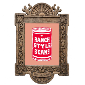 Ranch Style Beans can, red and pink — art print in a carved wood frame, Crum Art