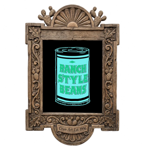 Ranch Style Beans can, cyan on black — art print in a carved wood frame, Crum Art