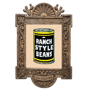 Ranch Style Beans can, black and yellow — art print in a carved wood frame, Crum Art
