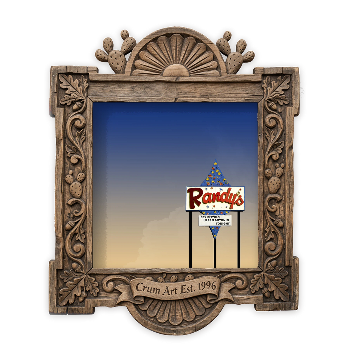 San Antonio Art | Randy's Bingo Print, Square | Betsy Crum — art print in a carved wood frame, Crum Art