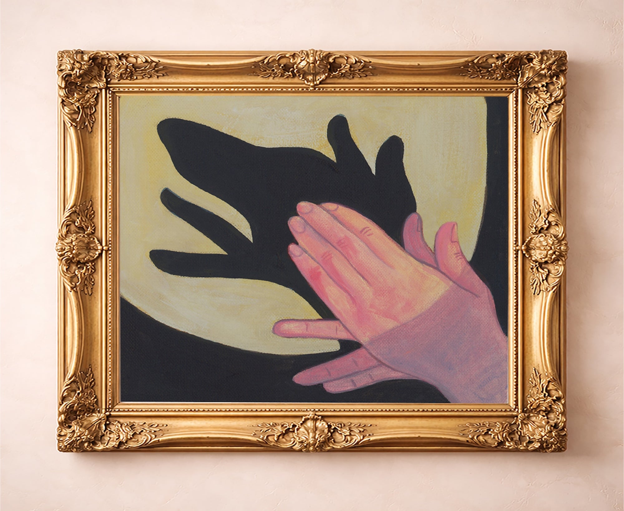 The "Dog Shadow Puppet" fine art print by Caya Crum, a 1950s retro western style minimalist art print, shown framed.