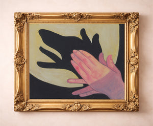 The "Dog Shadow Puppet" fine art print by Caya Crum, a 1950s retro western style minimalist art print, shown framed.