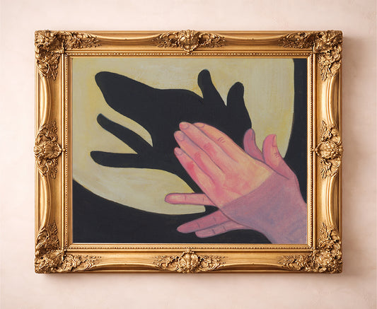 The "Dog Shadow Puppet" fine art print by Caya Crum, a 1950s retro western style minimalist art print, shown framed.