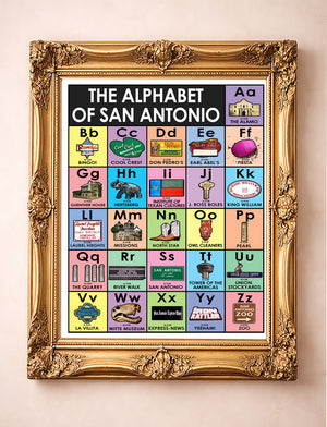 Alphabet of San Antonio art print by Betsy Crum in ornate gold frame, San Antonio ABC wall art