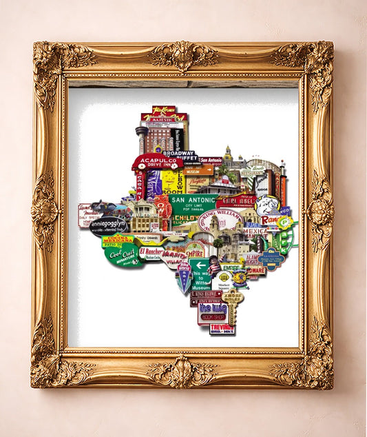 Texas Shaped Landmarks — art print by Betsy Crum in a gold frame