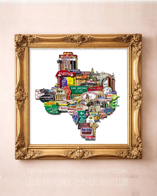 Texas Shaped Landmarks — square art print by Betsy Crum in a square gold frame
