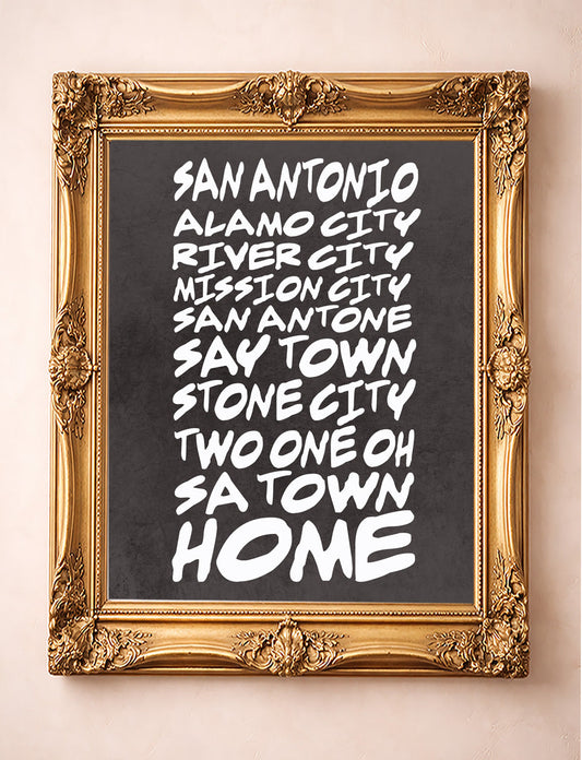San Antonio San Antonio Nicknames Sobriquet Typography shown framed by Crum Art