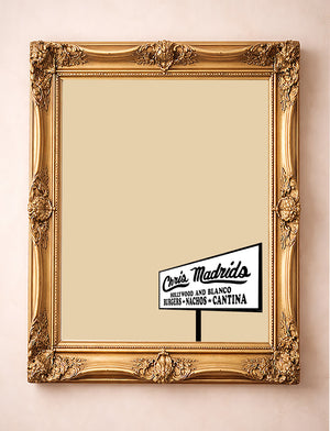 Chris Madrid's San Antonio sign art print by Betsy Crum in a gold frame