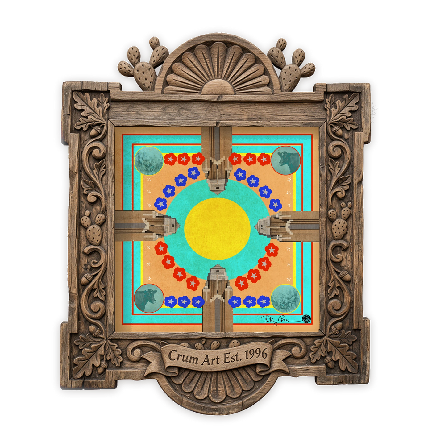 Fort Worth Art | Will Rogers Tower Scarf Print | Betsy Crum — art print in a carved wood frame, Crum Art
