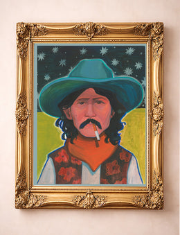 Smoking Cowboy Hank Starry Night Texas Western shown framed by Crum Art