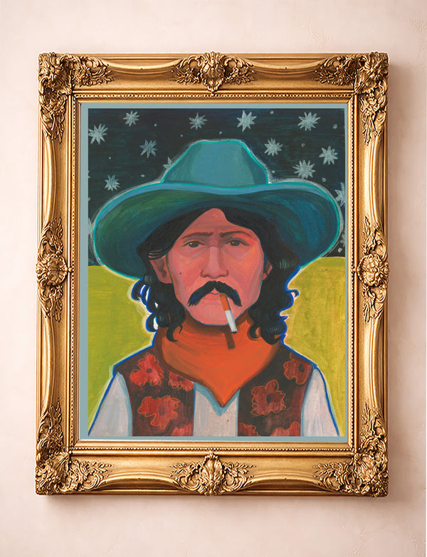 Smoking Cowboy Hank Starry Night Texas Western shown framed by Crum Art