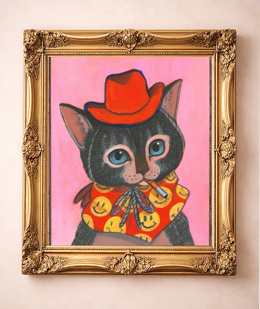 Smokey the Cowboy Cat — art print by Caya Crum in a gold frame