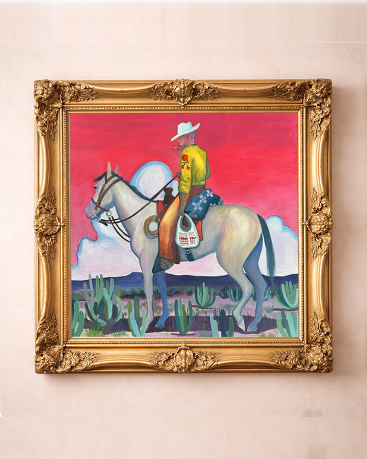 Smoking Cowboy Art Print by Artist Caya Crum is an unexpected version of what one would expect to see in the western art art world -- psychdelic pink skies, cigarettes and the corner store Thank You bag.  Available at crumart.com. This museum quality print is made right here in Texas.