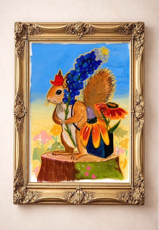 Ms. Squirrel in the Bluebonnets by Caya Crum in a gold frame
