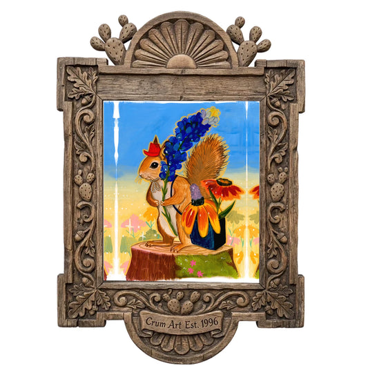 Ms. Squirrel in the Bluebonnets by Caya Crum in a carved wood frame