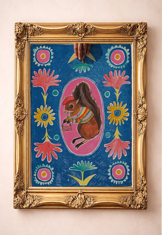 Ms. Squirrel & Purse — art print by Caya Crum in a gold frame