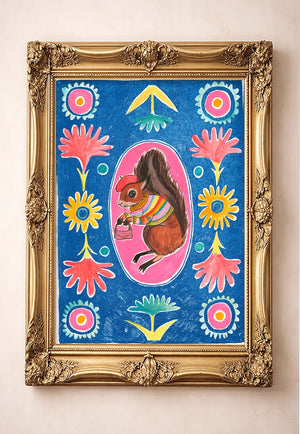 Ms. Squirrel & Purse by Caya Crum in a gold frame