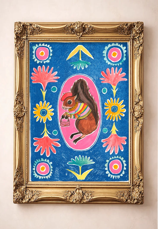 Ms. Squirrel & Purse by Caya Crum in a gold frame