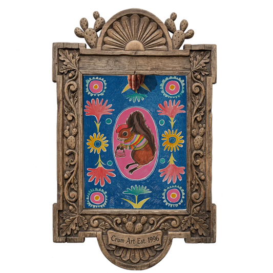 Ms. Squirrel & Purse — art print by Caya Crum in a carved wood frame