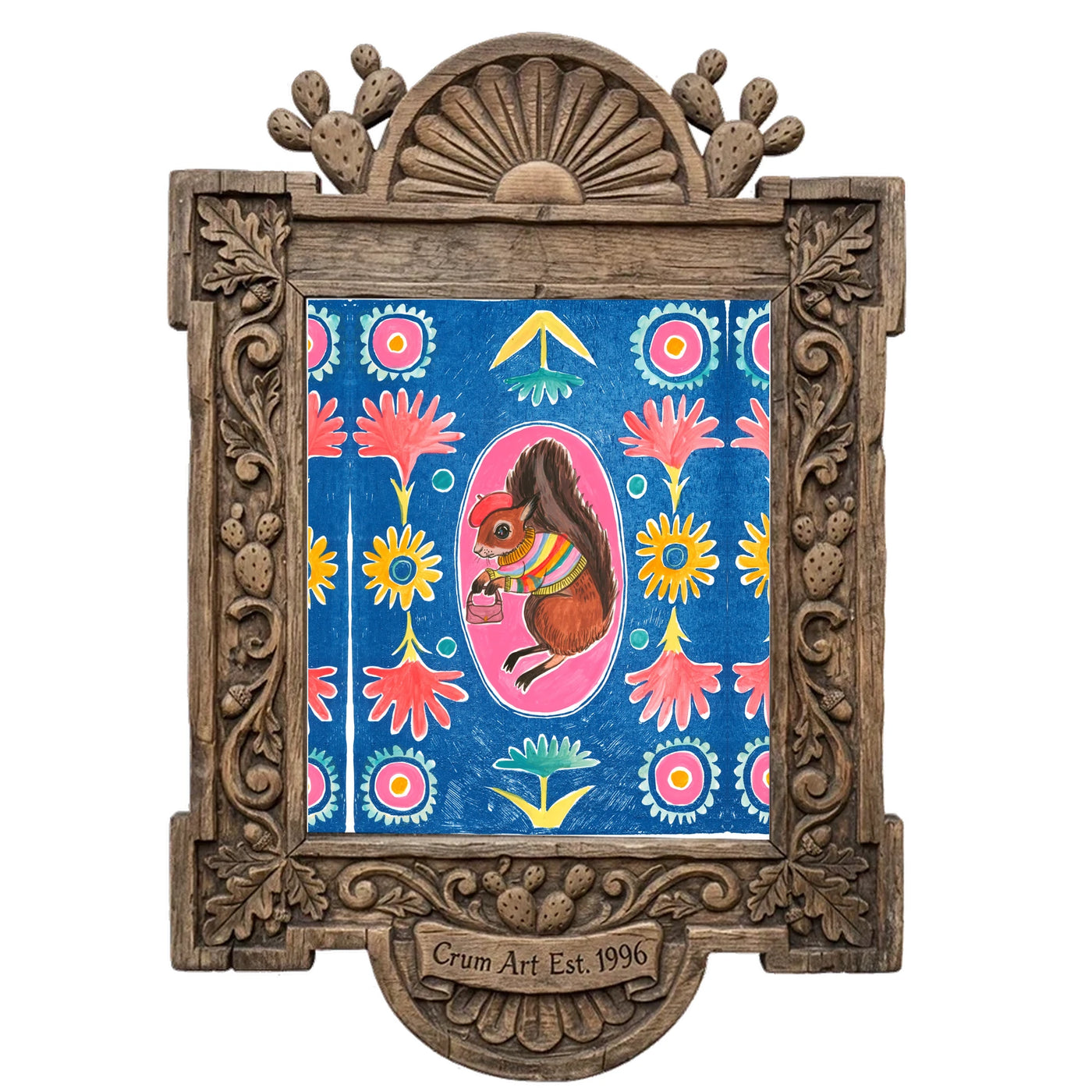 Ms. Squirrel & Purse by Caya Crum in a carved wood frame
